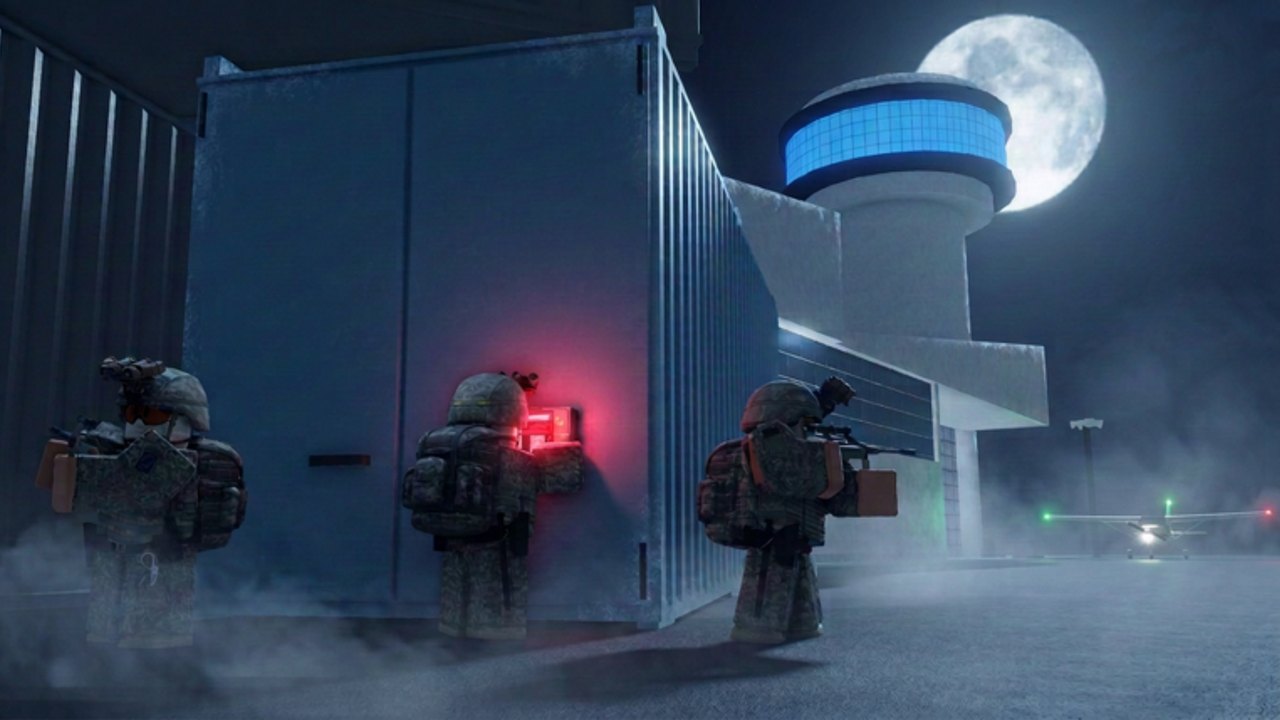 Three camouflaged raiders stacking a night raid on an airport hangar under a full moon in Raids: Night Tide