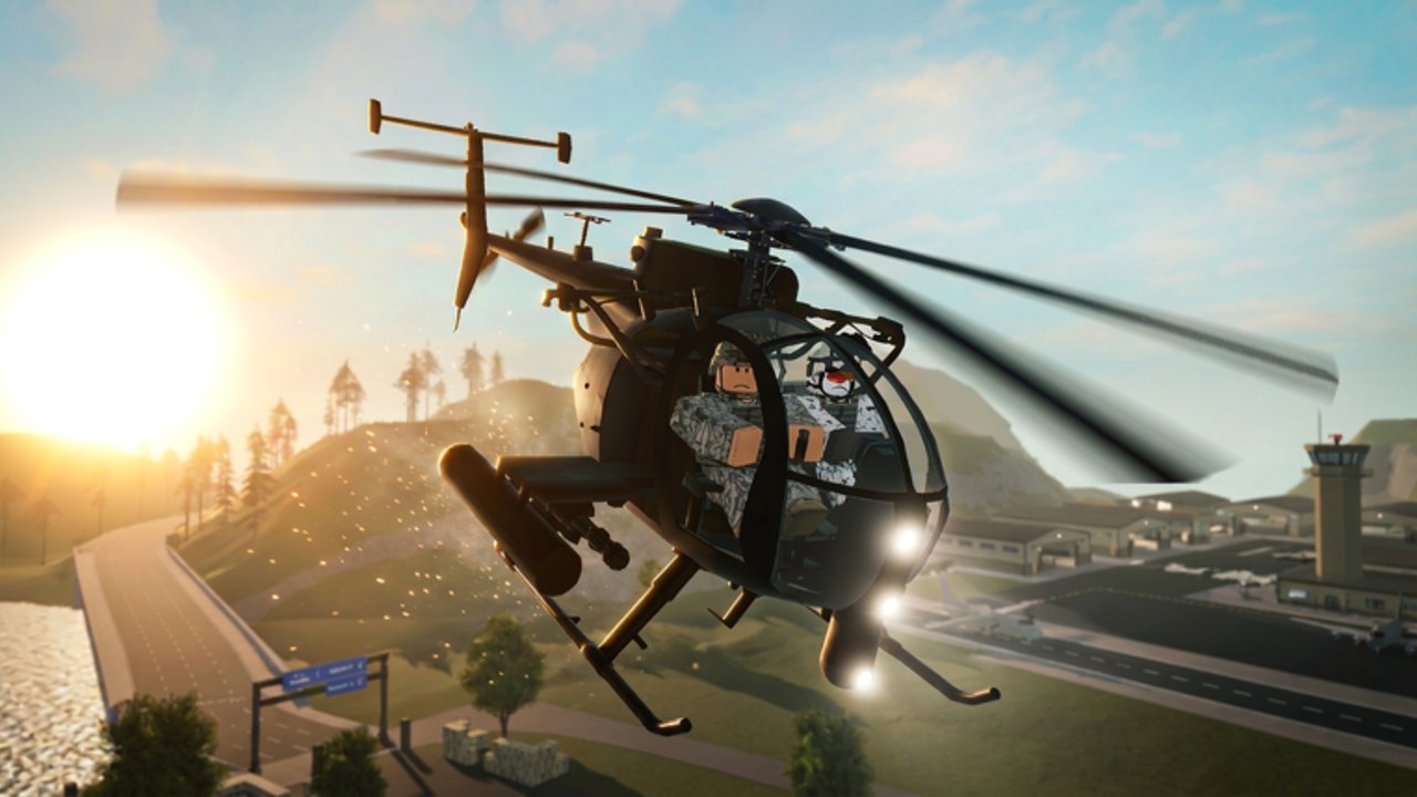 A two-seat scout helicopter flying over the airport biome at sunset in Raids: Night Tide